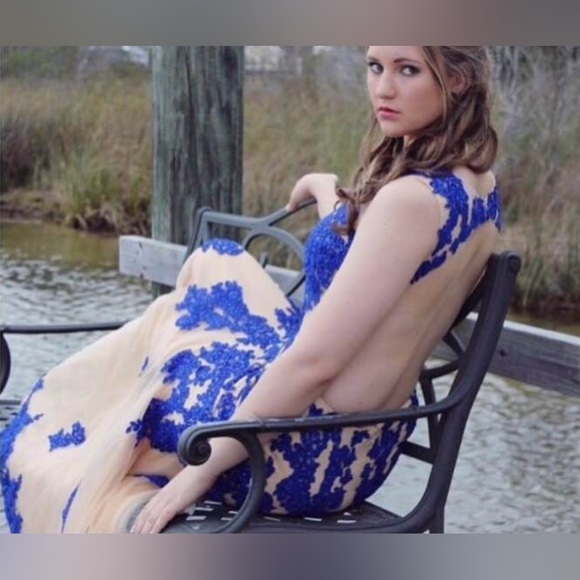 Dave and Johnny Formal Dress - Blue & Nude Mesh *LIKE NEW* - Picture 4 of 4